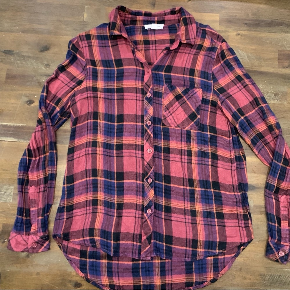 Beach Lunch Lounge multicolored plaid flannel long sleeve button down shirt EUC - Picture 7 of 13